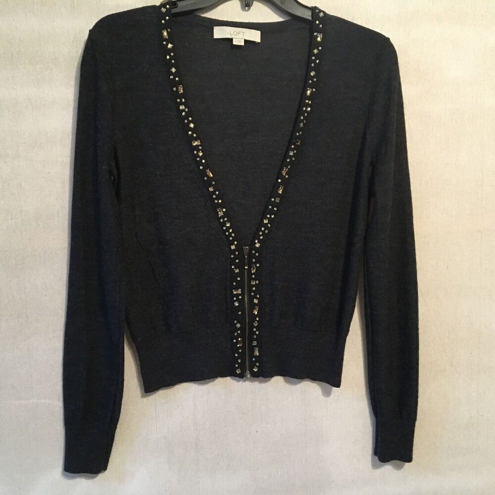 loft dark gray rhinestone embellished sweater wool sz small